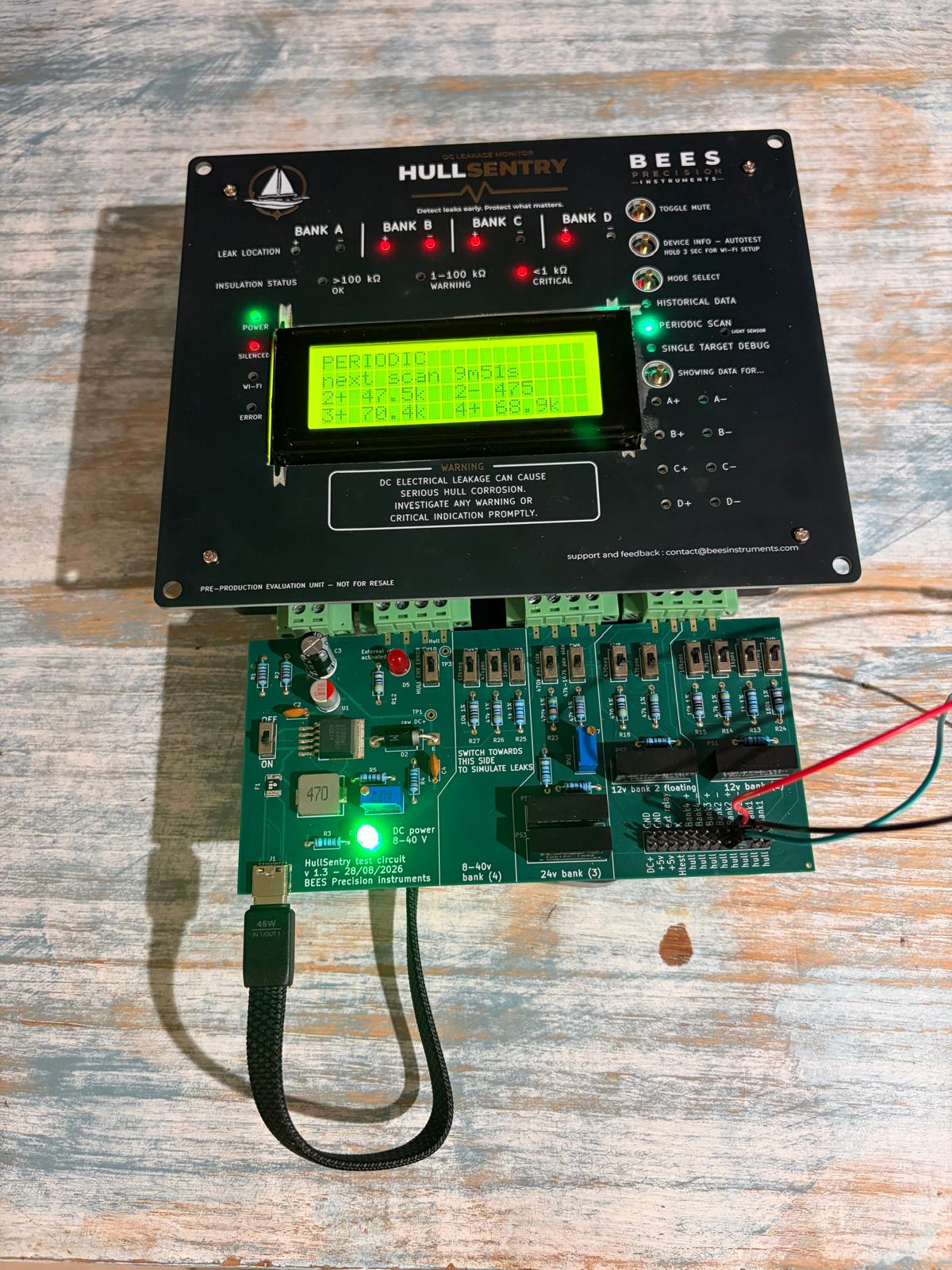 The HullSentry demonstration prototype: black front panel with the LCD in PERIODIC mode showing readings for all four banks, per-bank leak-location LEDs, sitting on the test board that simulates leaks
