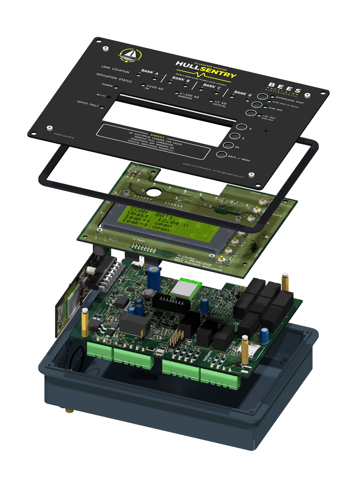 Exploded view of HullSentry with its English frontplate, frontplate gasket, mechanical buttons, LCD and interface board, 4G board, measurement board and enclosure.