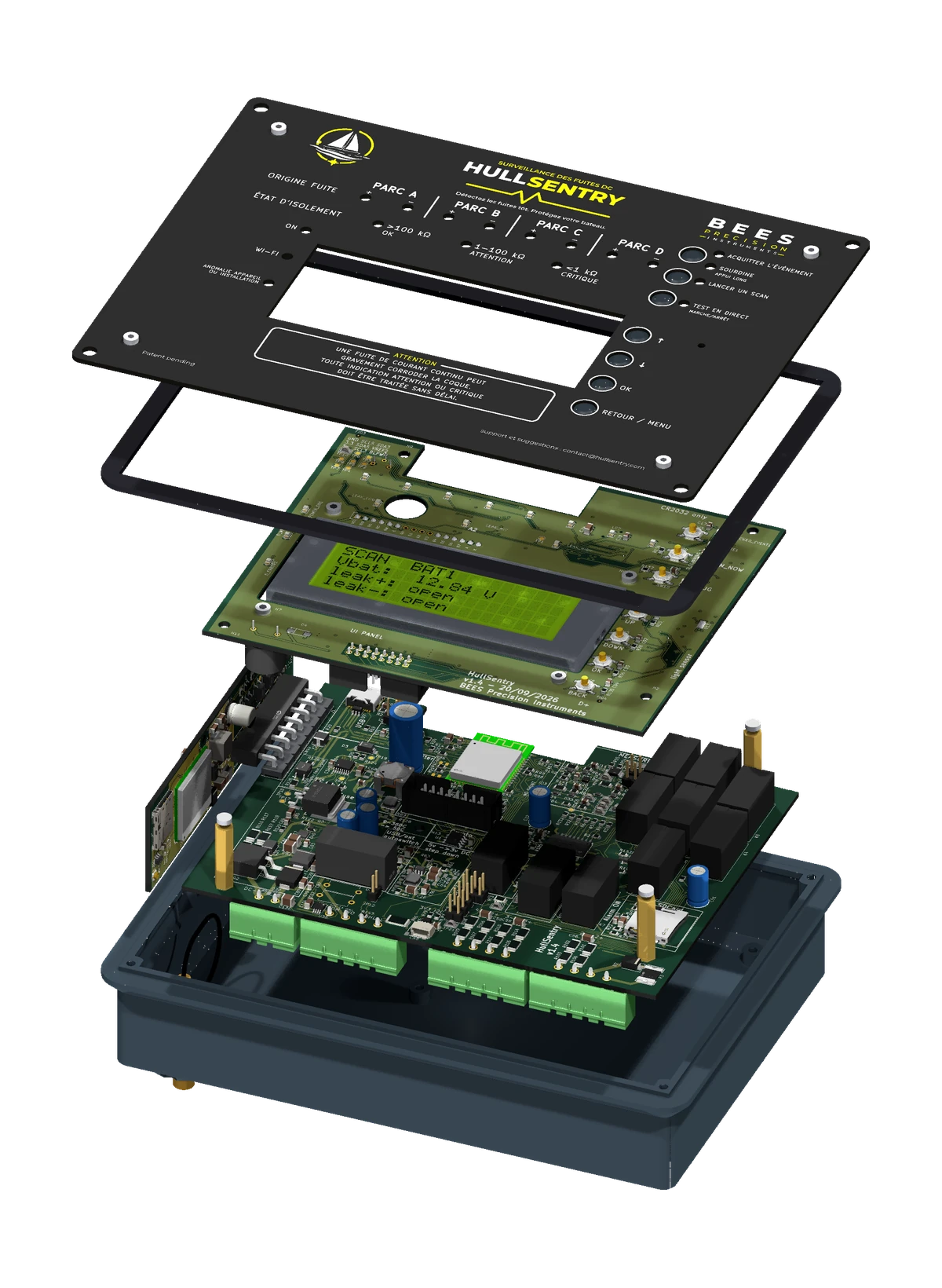 Vue éclatée de HullSentry avec sa façade en français, son joint de façade, ses boutons mécaniques, l’écran LCD et la carte d’interface, la carte 4G, la carte de mesure et le boîtier.