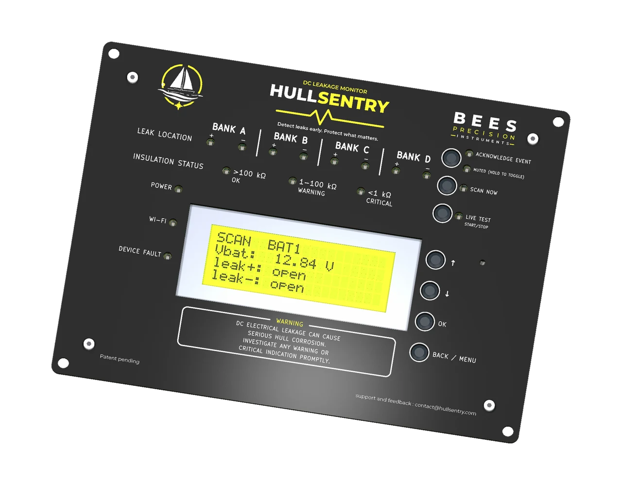 HullSentry frontplate with an LCD, bank-status indicators and mechanical buttons.