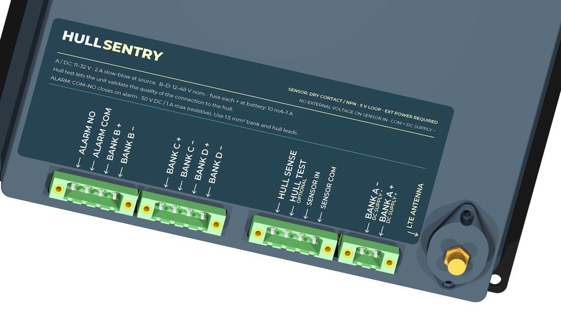 Close-up of the HullSentry underside sticker, terminal connections and 4G antenna socket.